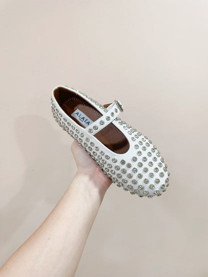 ALAIA MARY JANE SHOES IN WHITE LAMBKIN ATTACH RHINSTONES