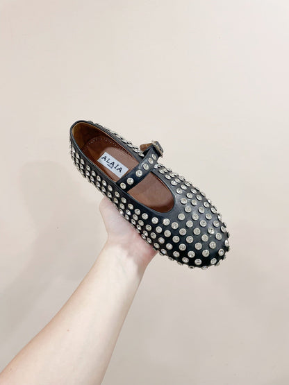 ALAIA MARY JANE SHOES IN BLACK LAMBKIN ATTACH RHINSTONES
