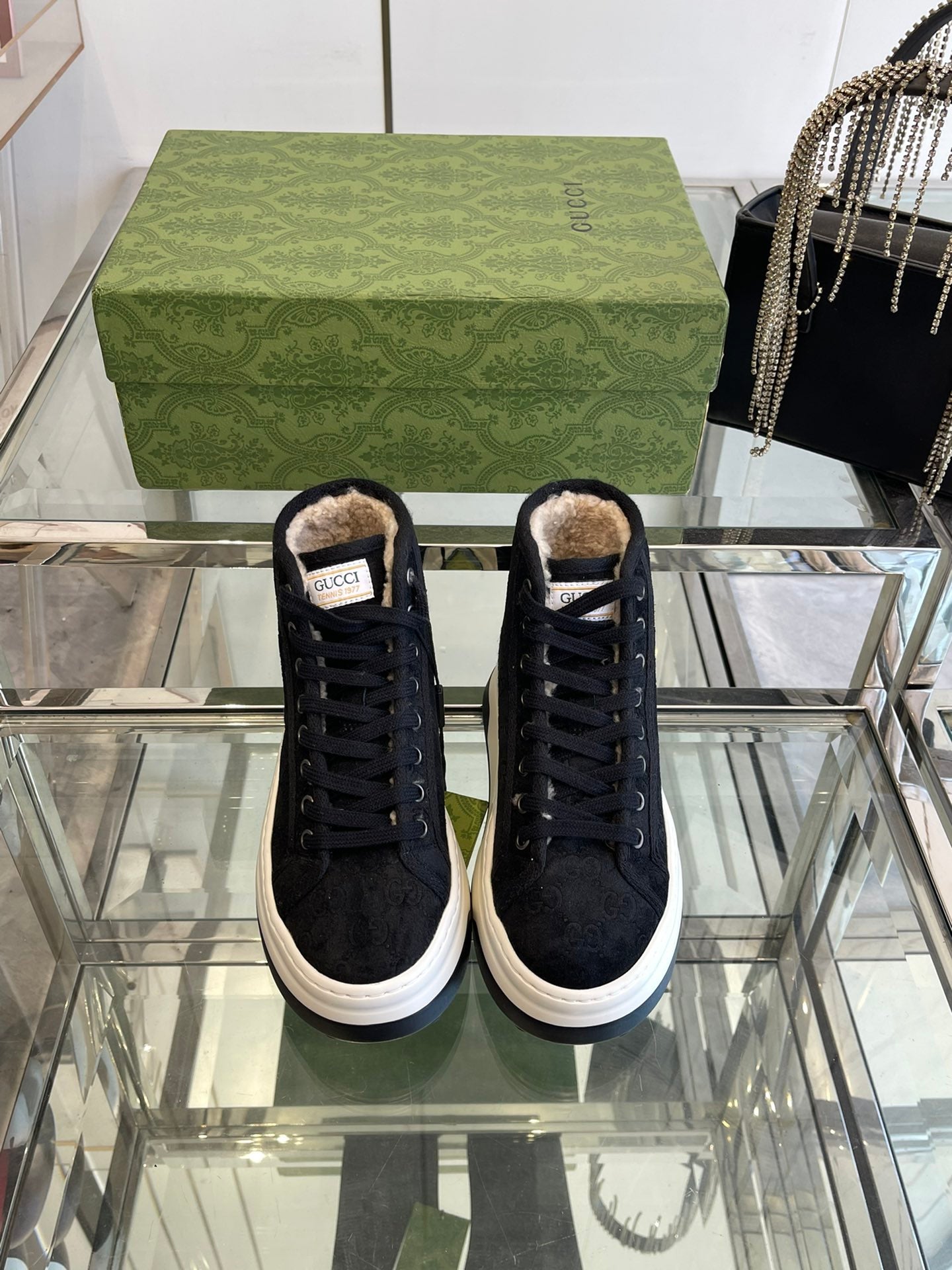 GG HIGH TOP SNEAKER IN BLACK CANVAS WITH BEIGE FLEECE LINING