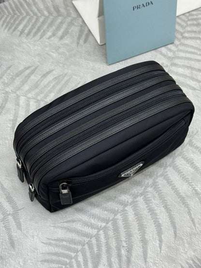 PRADA 25S MEDIUM CLUTCH BAG 26 IN BLACK NYLON SILVER HARDWARE