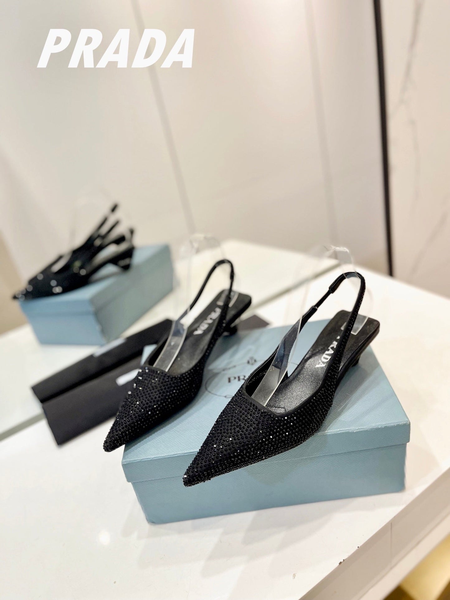 PRA SLINGBACK PUMPS BLACK SATIN WITH BLACK CRYSTALS