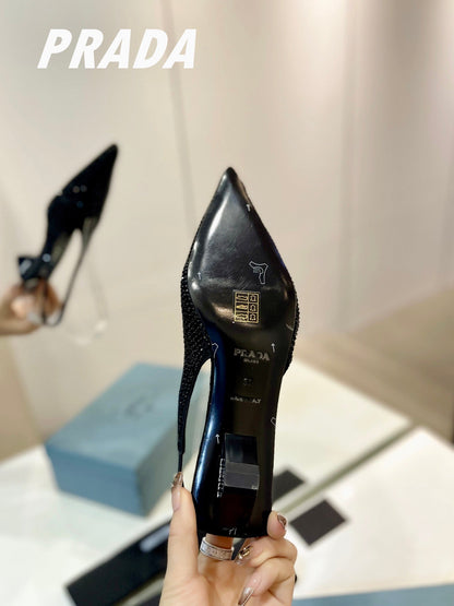 PRA SLINGBACK PUMPS BLACK SATIN WITH BLACK CRYSTALS