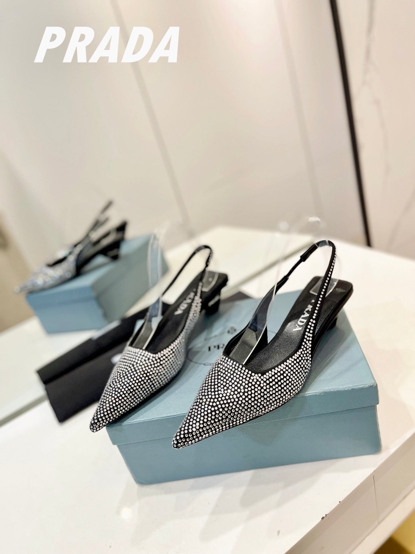 PRA SLINGBACK PUMPS BLACK SATIN WITH WHITE CRYSTALS