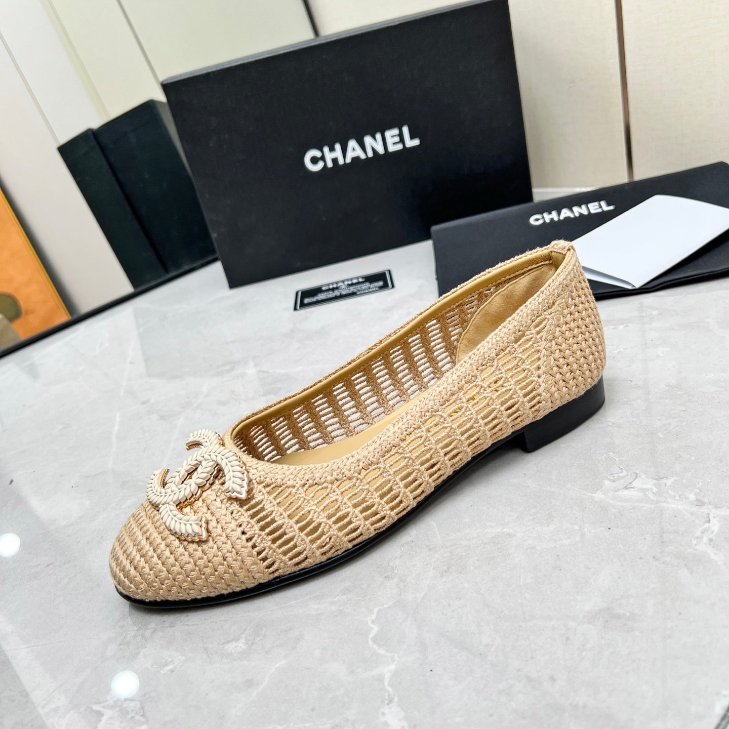 BALLET FLAT 10 MM IN BEIGE RAFFIA