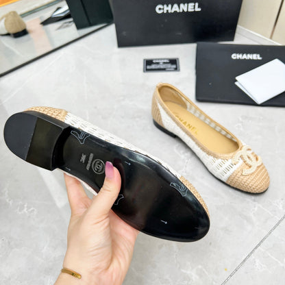 BALLET FLAT 10 MM IN WHITE MIX BEIGE RAFFIA