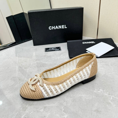 BALLET FLAT 10 MM IN WHITE MIX BEIGE RAFFIA