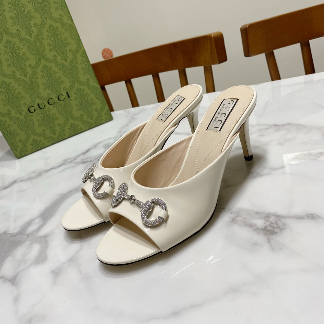 GUCCI 26S HORSEBIT HIGH-HEELED SANDALS 80 MM IN CREAM WHITE GLOSSY CALFSKIN