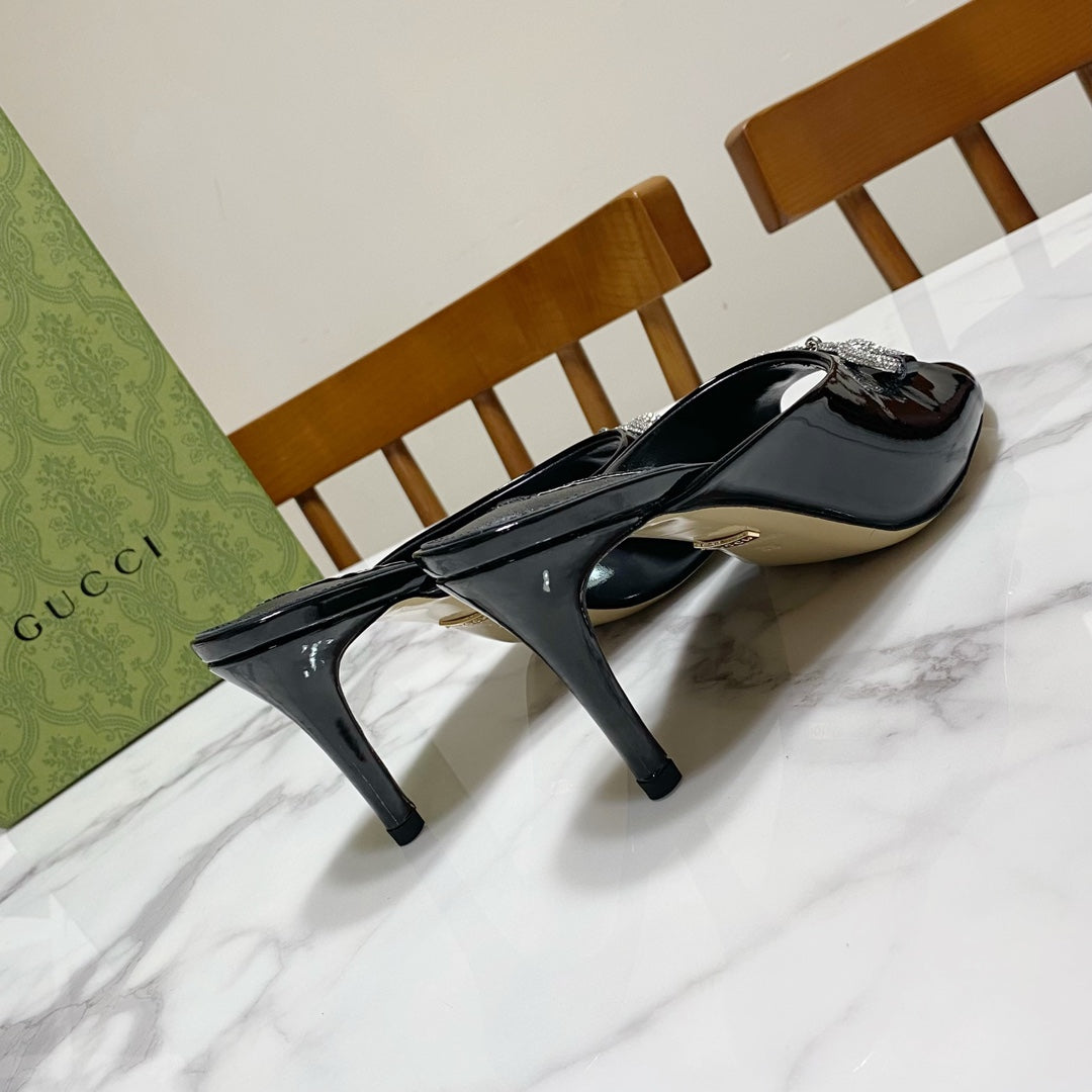 GUCCI 26S HORSEBIT HIGH-HEELED SANDALS 80 MM IN BLACK GLOSSY CALFSKIN