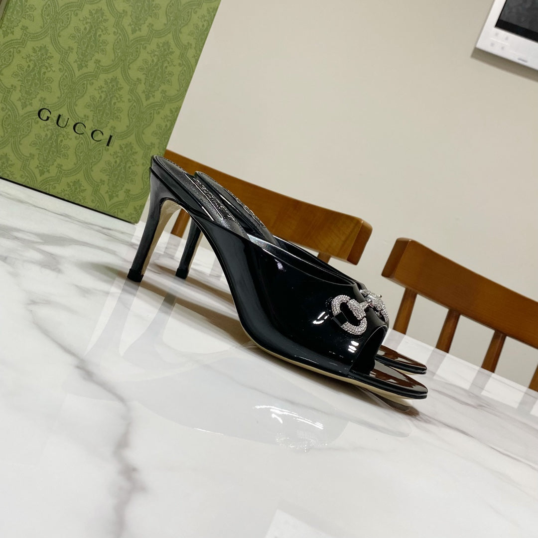 GUCCI 26S HORSEBIT HIGH-HEELED SANDALS 80 MM IN BLACK GLOSSY CALFSKIN