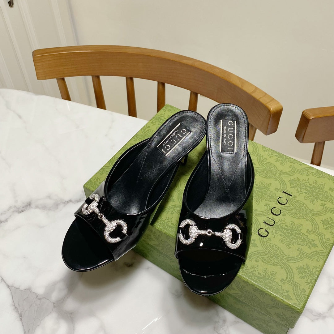 GUCCI 26S HORSEBIT HIGH-HEELED SANDALS 80 MM IN BLACK GLOSSY CALFSKIN