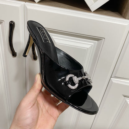 GUCCI 26S HORSEBIT HIGH-HEELED SANDALS 80 MM IN BLACK GLOSSY CALFSKIN