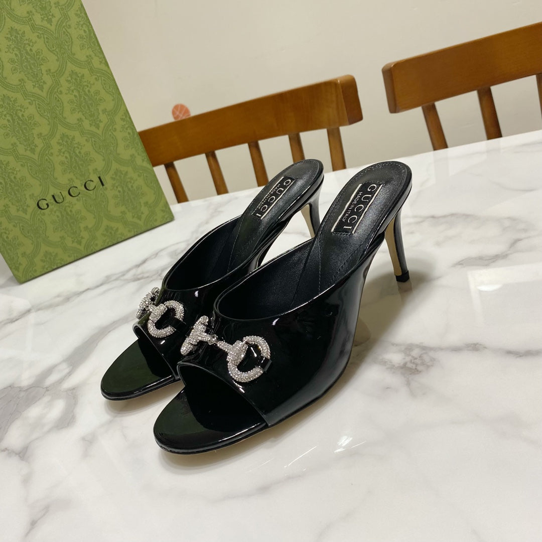GUCCI 26S HORSEBIT HIGH-HEELED SANDALS 80 MM IN BLACK GLOSSY CALFSKIN