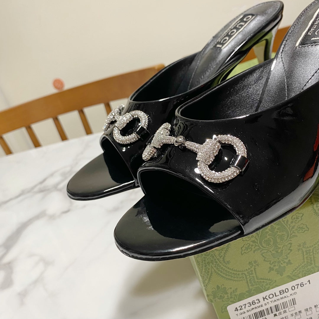GUCCI 26S HORSEBIT HIGH-HEELED SANDALS 80 MM IN BLACK GLOSSY CALFSKIN