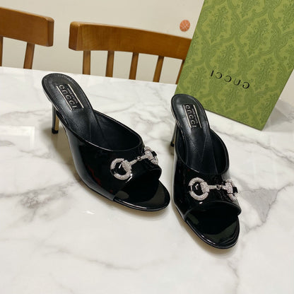 GUCCI 26S HORSEBIT HIGH-HEELED SANDALS 80 MM IN BLACK GLOSSY CALFSKIN