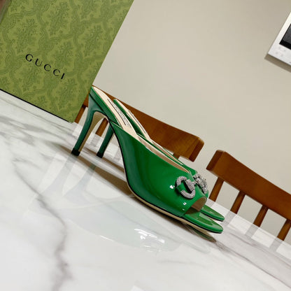 GUCCI 26S HORSEBIT HIGH-HEELED SANDALS 80 MM IN GREEN GLOSSY CALFSKIN