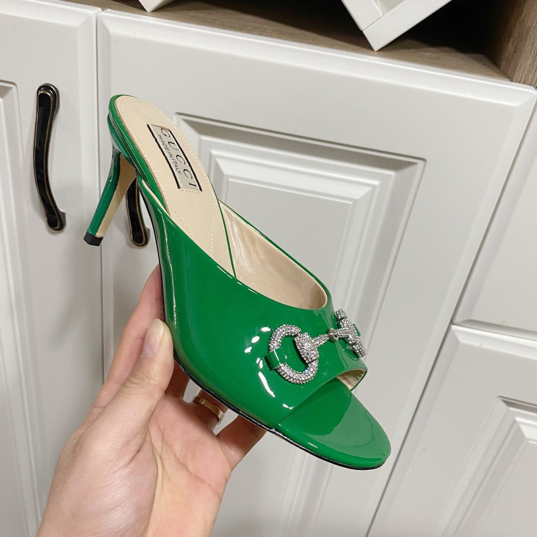 GUCCI 26S HORSEBIT HIGH-HEELED SANDALS 80 MM IN GREEN GLOSSY CALFSKIN