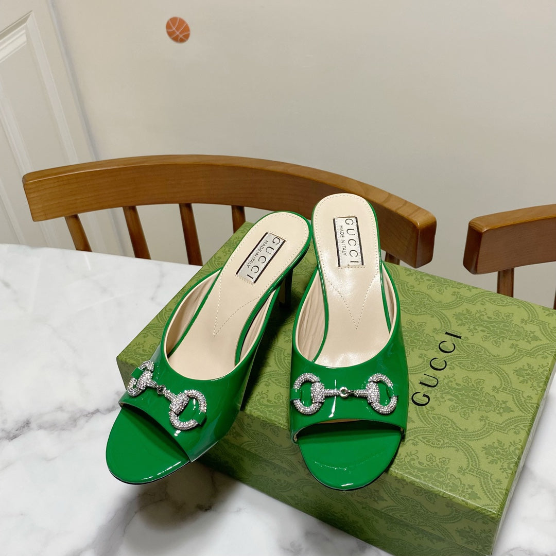 GUCCI 26S HORSEBIT HIGH-HEELED SANDALS 80 MM IN GREEN GLOSSY CALFSKIN