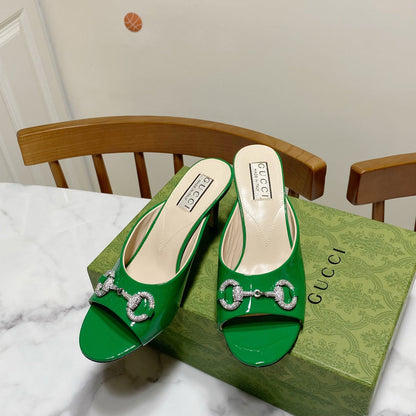 GUCCI 26S HORSEBIT HIGH-HEELED SANDALS 80 MM IN GREEN GLOSSY CALFSKIN
