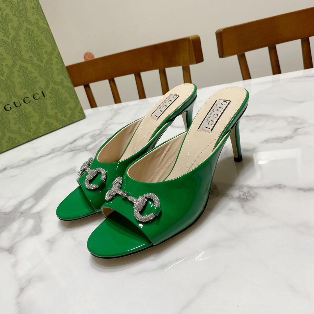 GUCCI 26S HORSEBIT HIGH-HEELED SANDALS 80 MM IN GREEN GLOSSY CALFSKIN