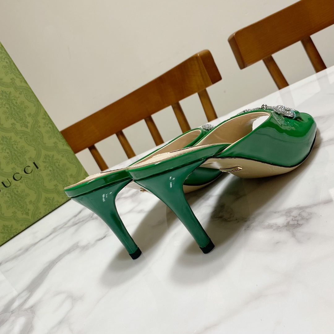 GUCCI 26S HORSEBIT HIGH-HEELED SANDALS 80 MM IN GREEN GLOSSY CALFSKIN