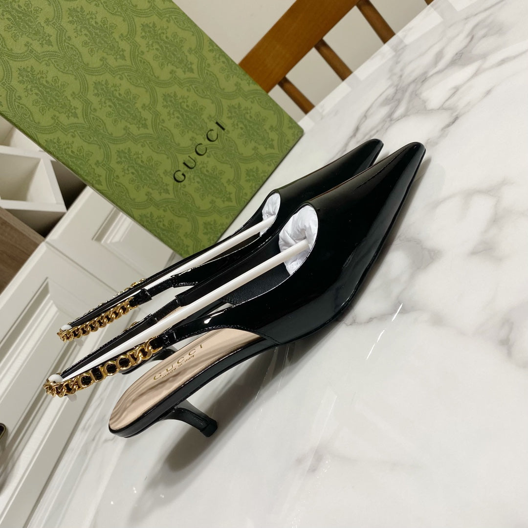 GUCCI 26S SIGNORIA SLINGBACK PUMP 50 MM IN BLACK GLOSSY CALFSKIN