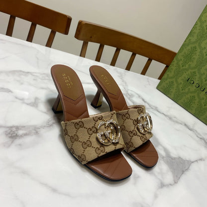 GUCCI 26S HEELED SLIDES 75 MM IN SAND BROWN CANVAS AND LAMBSKIN