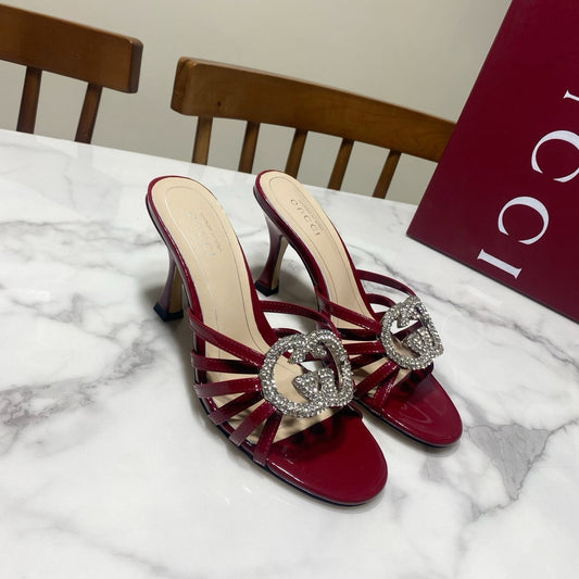 GUCCI 26S HEELED SANDALS 85 MM IN DARK RED CALFSKIN WITH CRYSTAL