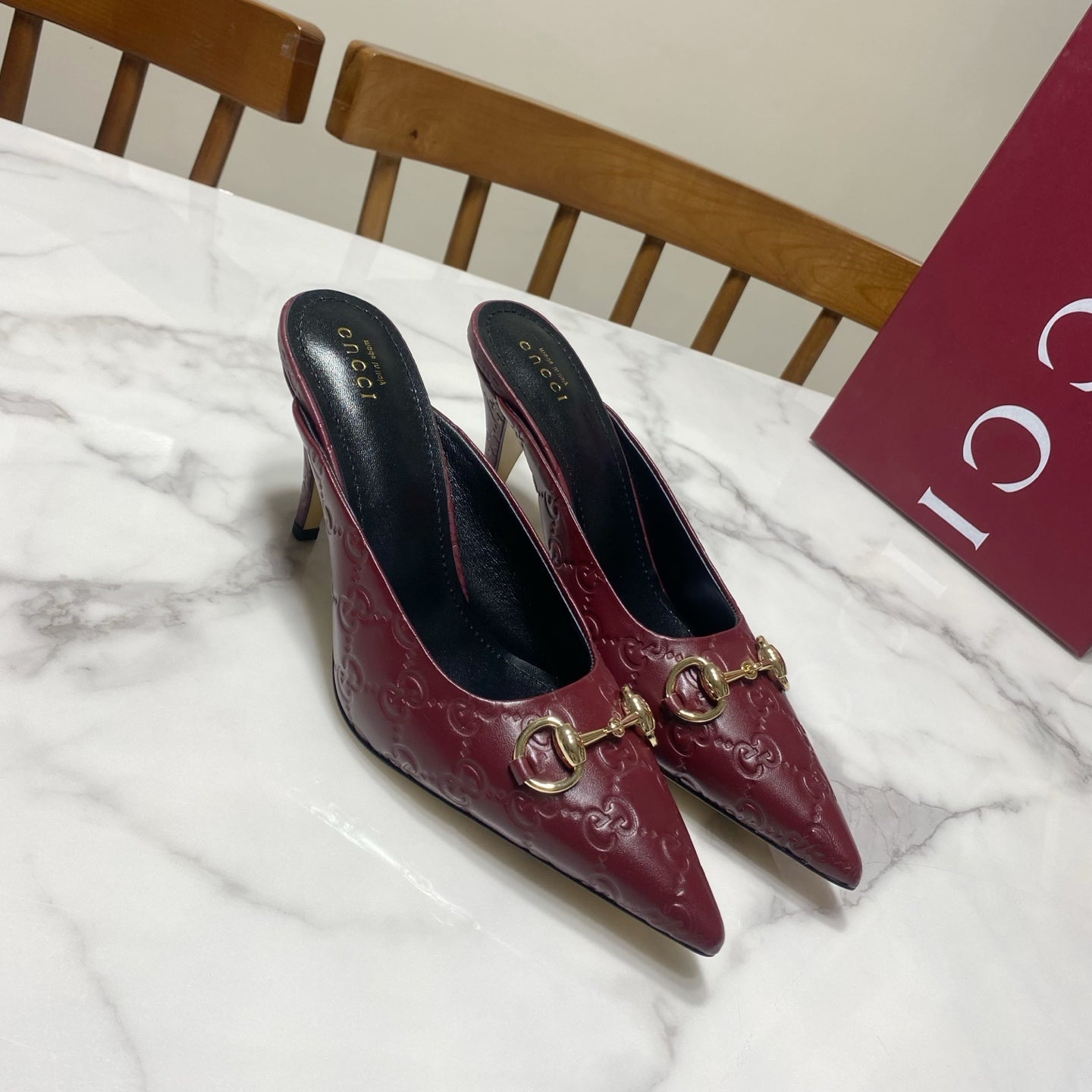 GUCCI 26S HEELED MULES 85 MM IN DARK RED CALFSKIN