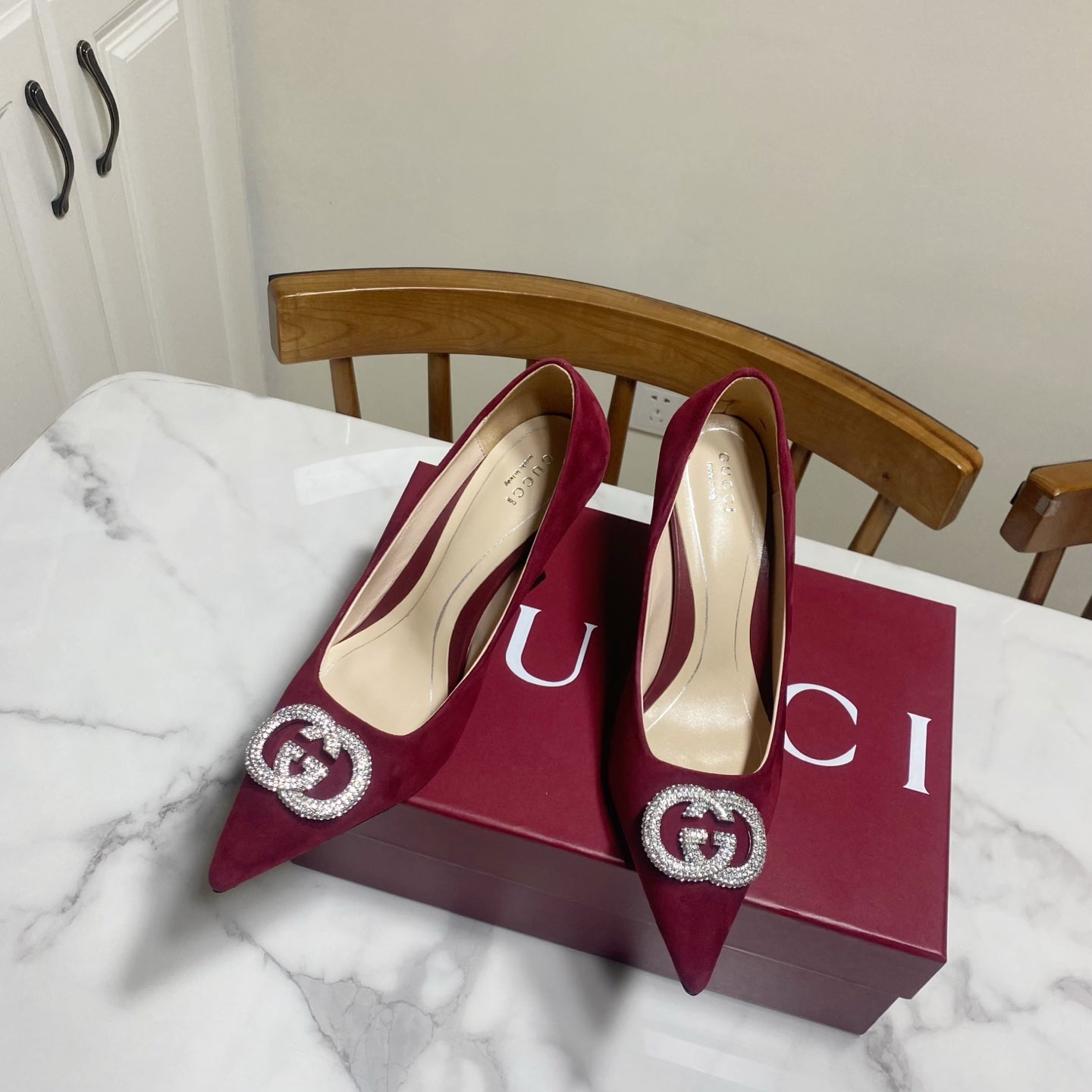 GUCCI 26S HIGH-HEELED SHOES 85 MM IN DARK RED SUEDE WITH CRYSTAL