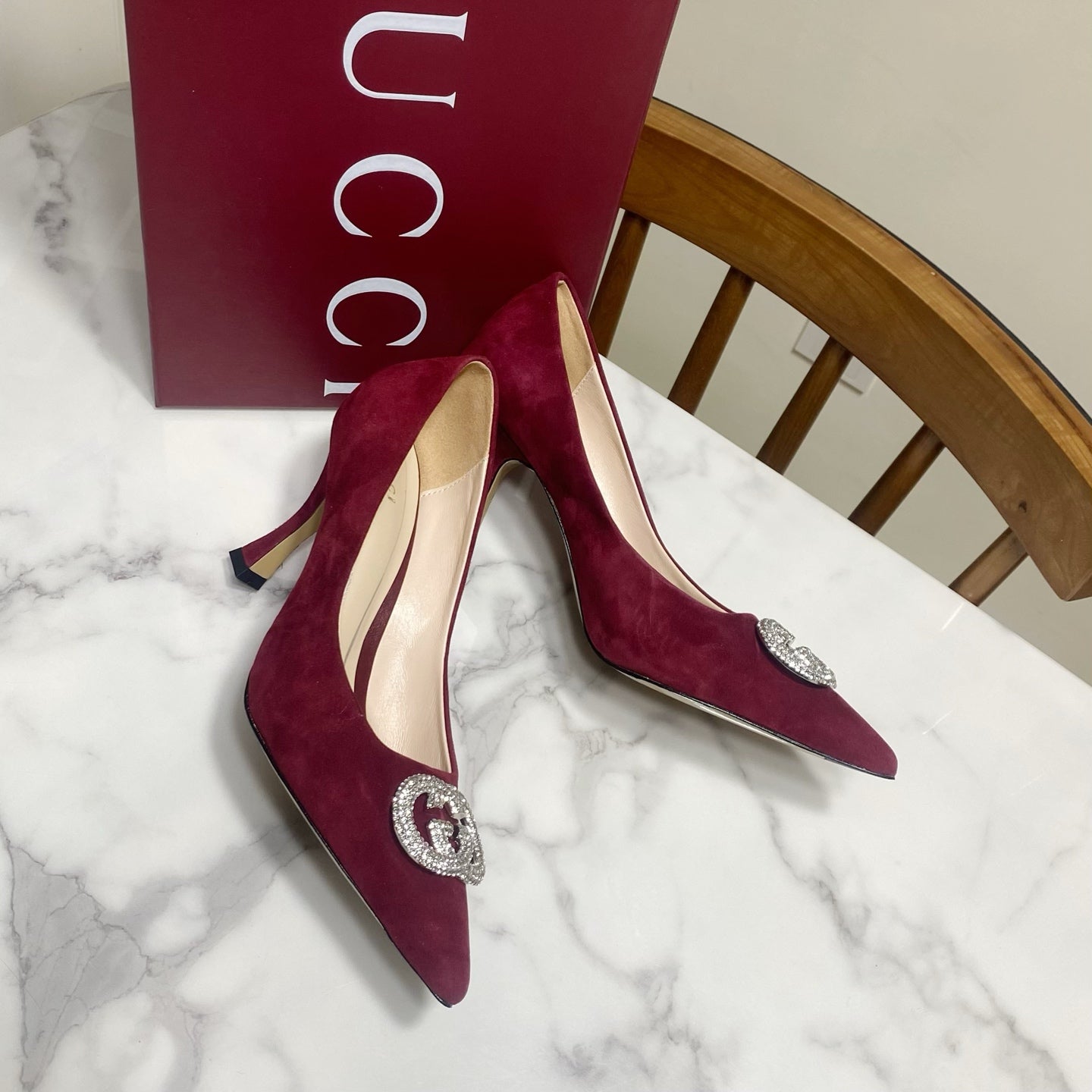 GUCCI 26S HIGH-HEELED SHOES 85 MM IN DARK RED SUEDE WITH CRYSTAL