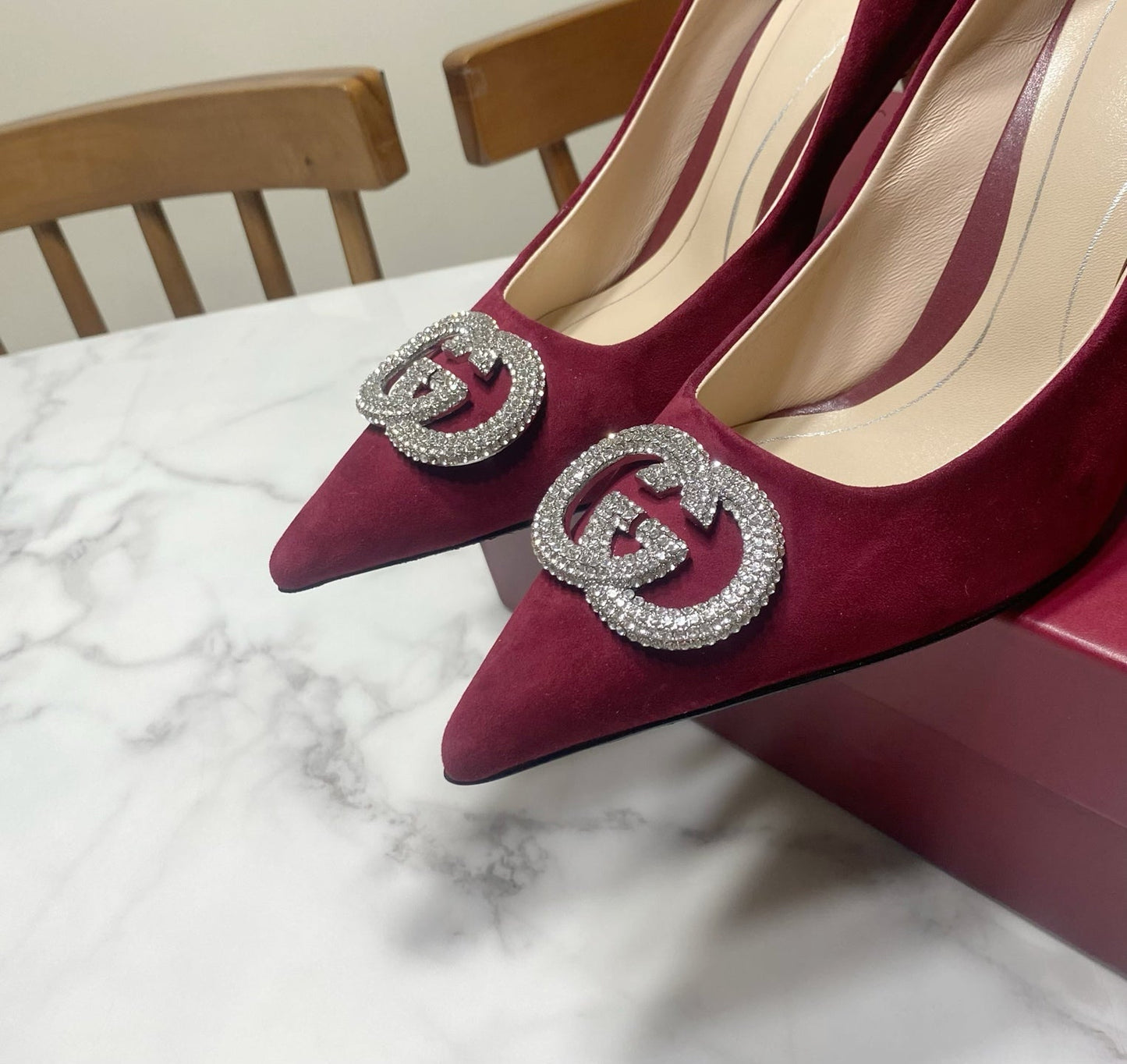 GUCCI 26S HIGH-HEELED SHOES 85 MM IN DARK RED SUEDE WITH CRYSTAL