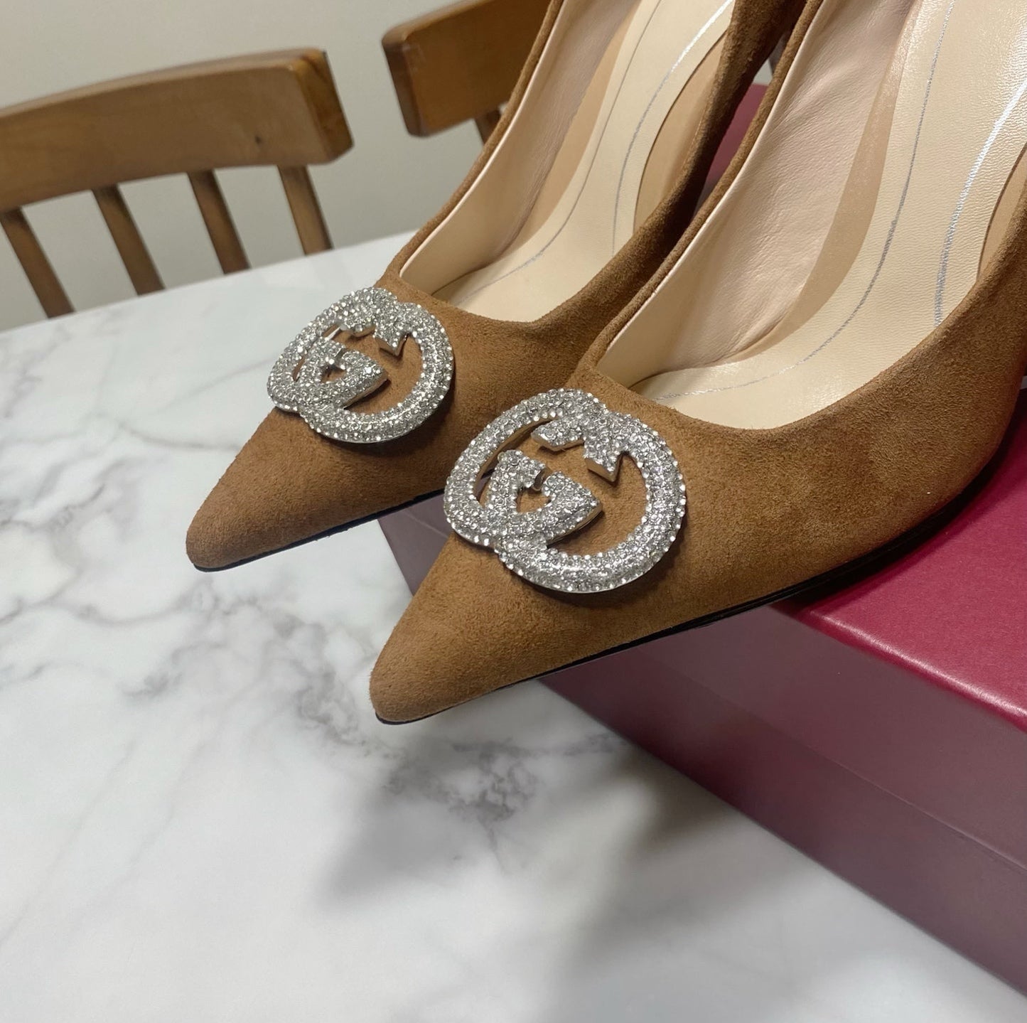GUCCI 26S HIGH-HEELED SHOES 85 MM IN BROWN SUEDE WITH CRYSTAL