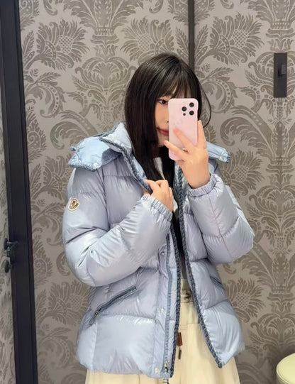 Women’s Menclar Style Shiny Down Jacket With Hood-Blue