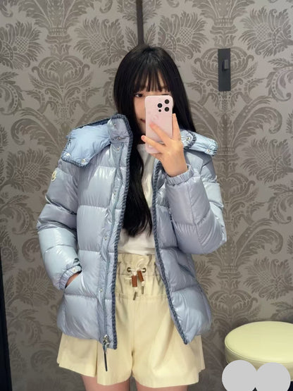 Women’s Menclar Style Shiny Down Jacket With Hood-Blue