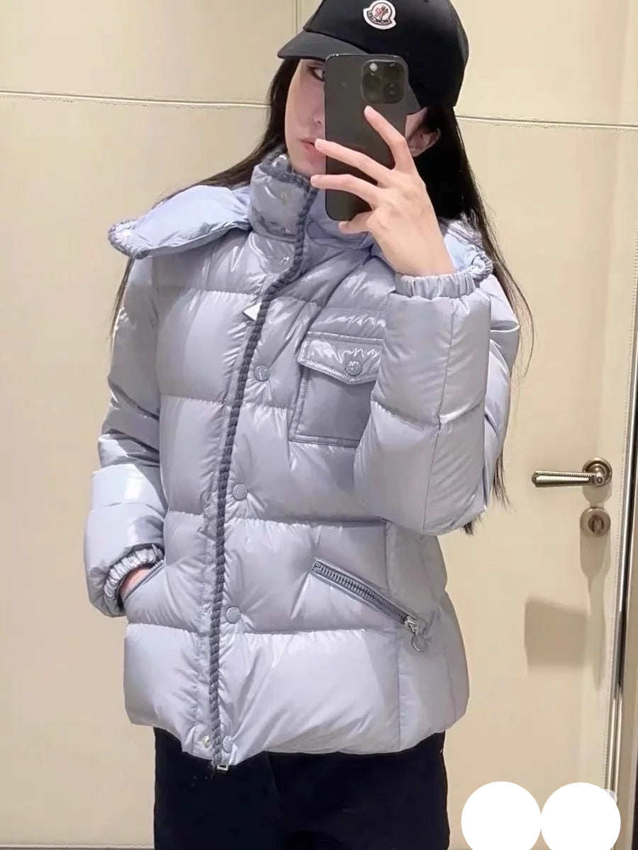 Women’s Menclar Style Shiny Down Jacket With Hood-Blue