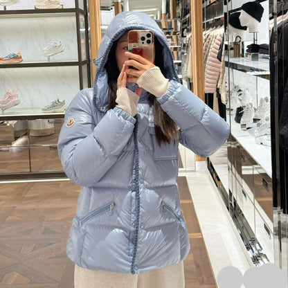 Women’s Menclar Style Shiny Down Jacket With Hood-Blue