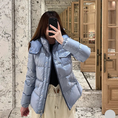 Women’s Menclar Style Shiny Down Jacket With Hood-Blue