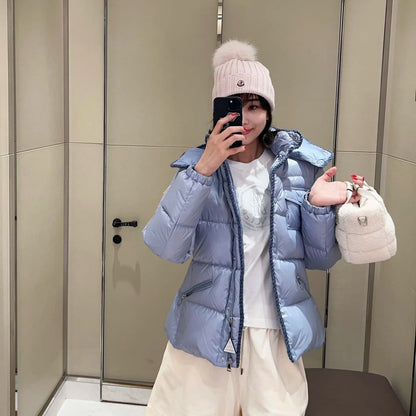 Women’s Menclar Style Shiny Down Jacket With Hood-Blue