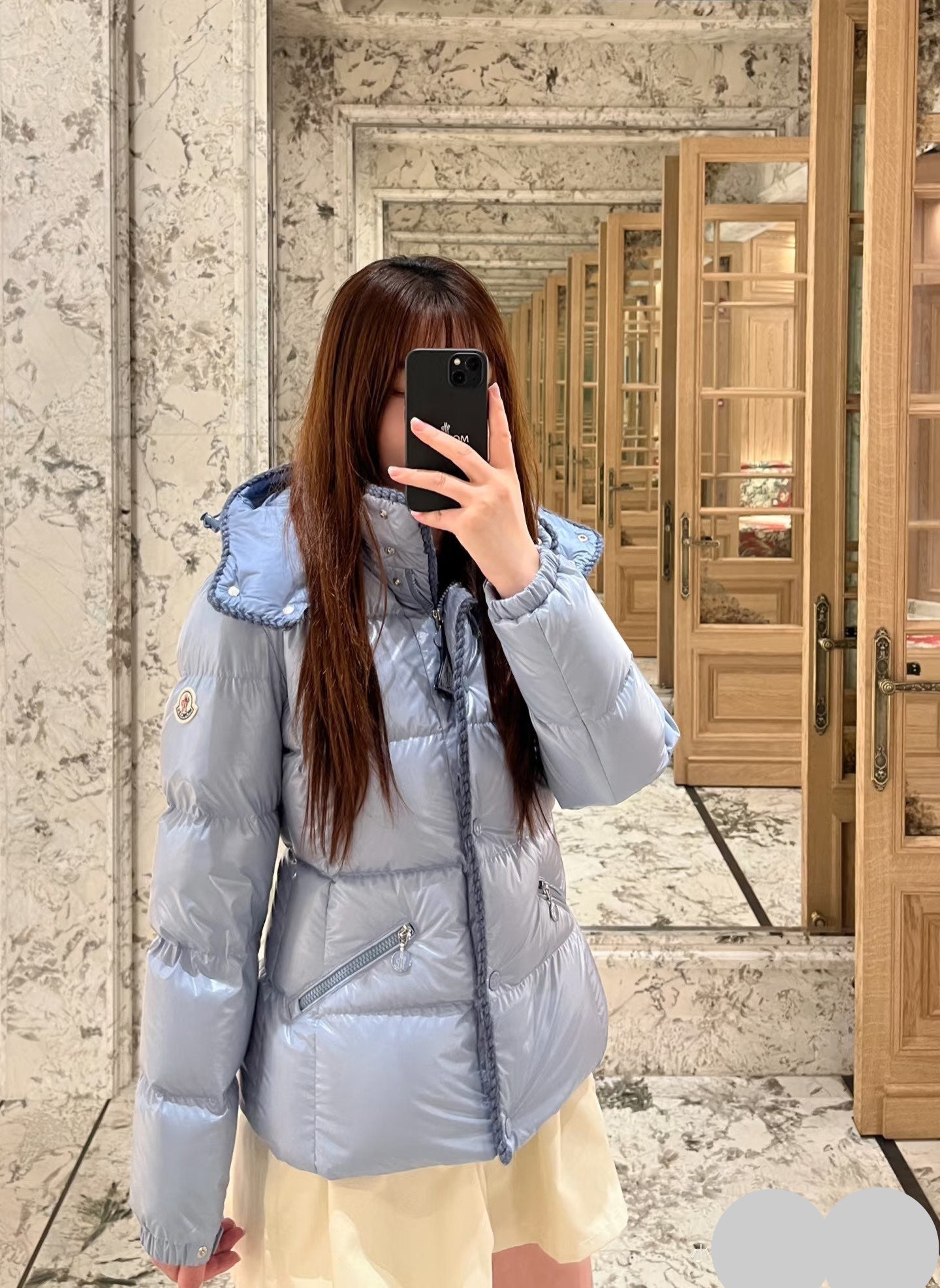 Women’s Menclar Style Shiny Down Jacket With Hood-Blue