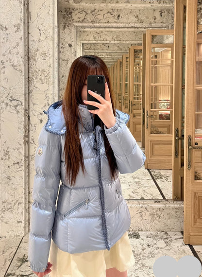 Women’s Menclar Style Shiny Down Jacket With Hood-Blue