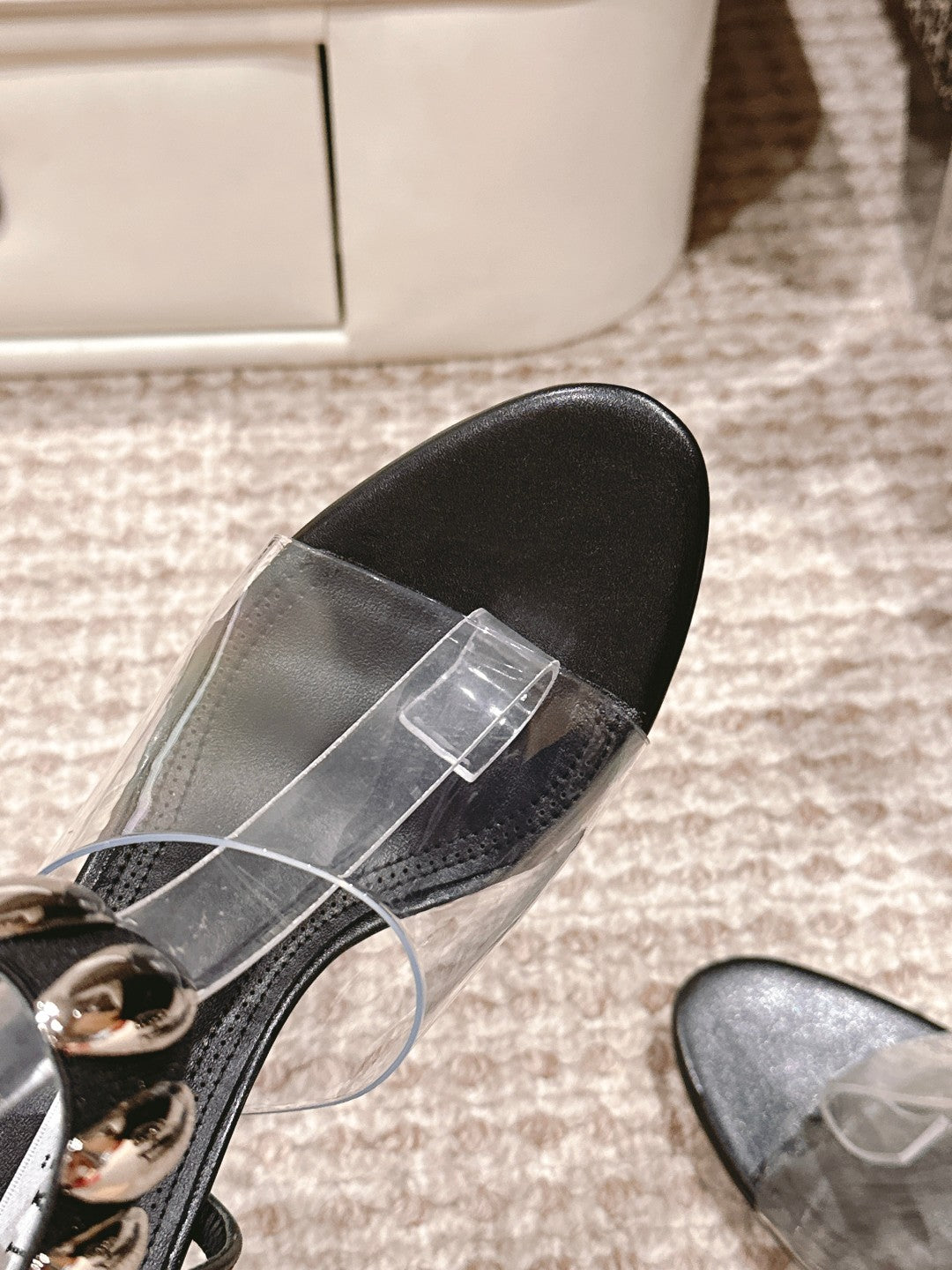 ALAIA HIGH SANDAL IN BLACK CALFSKN AND FILM WITH CRYSTAL