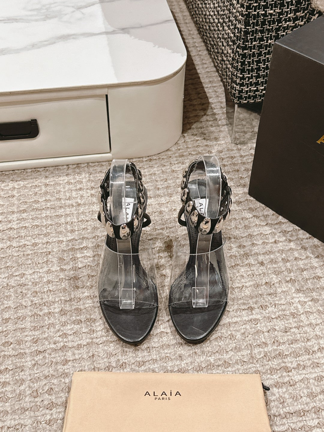 ALAIA HIGH SANDAL IN BLACK CALFSKN AND FILM WITH CRYSTAL