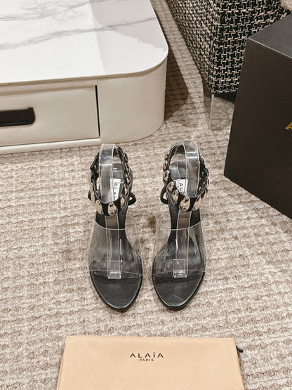 ALAIA HIGH SANDAL IN BLACK CALFSKN AND FILM WITH CRYSTAL