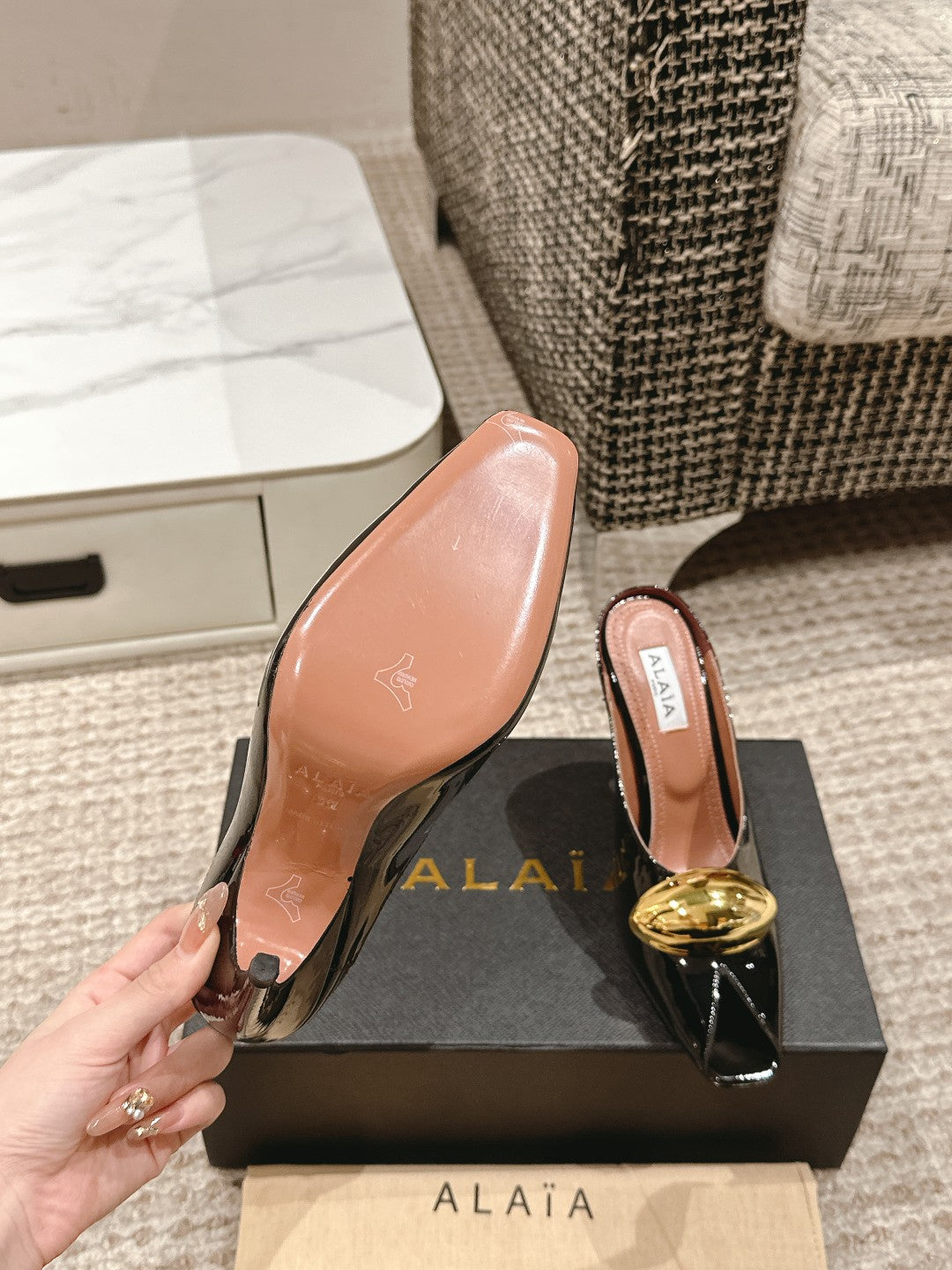 ALAIA SPIKE JEWEL MULES IN BLACK GLOSSY CALFSKIN WITH GOLD HARDWARE