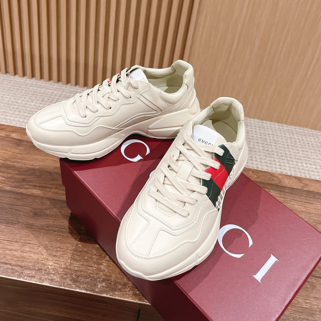 GG RHYTON TRAINER WHITE CALFSKIN WITH WEB LOGO