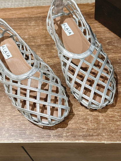 ALAIA MESH BALLET FLATS 25S IN SILVER LAMBSKIN