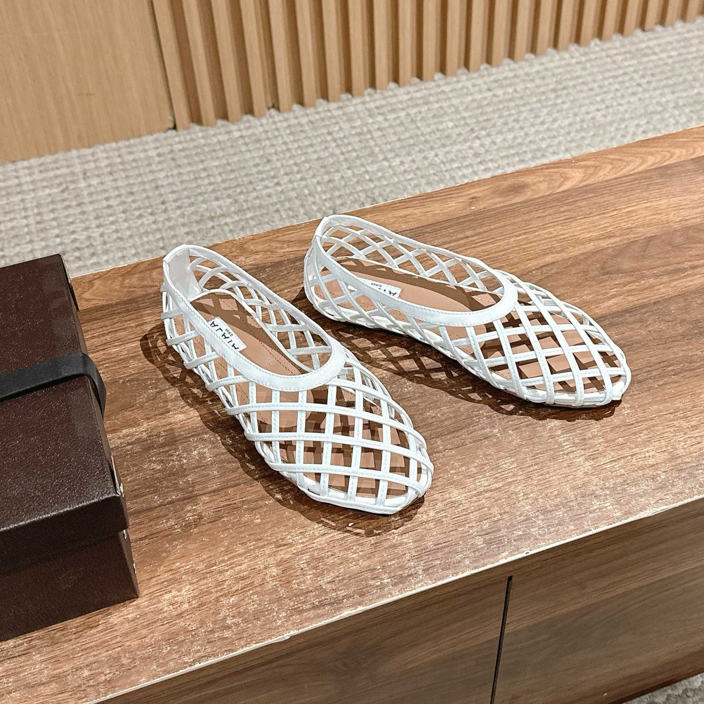 ALAIA MESH BALLET FLATS 25S IN WHITE LAMBSKIN