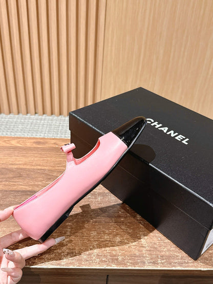 CHANEL 25S BALLET MARY JANES BLACK AND PINK IN CALFSKIN