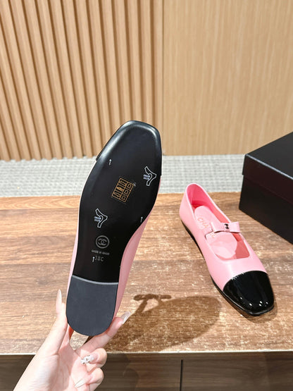 CHANEL 25S BALLET MARY JANES BLACK AND PINK IN CALFSKIN