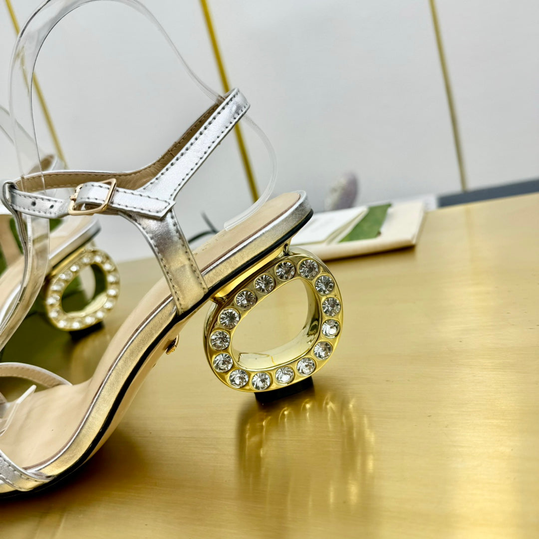 MEDIUM-HEEL SANDAL IN SILVER CALFSKIN GOLD HARDWARE WITH RHINSTONES